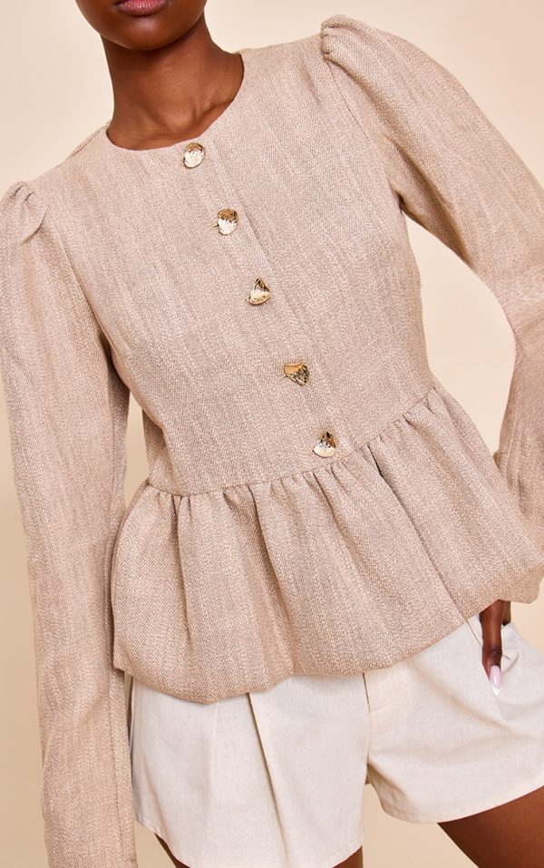 Taupe Button Up Peplum Balloon Sleeve Jacket