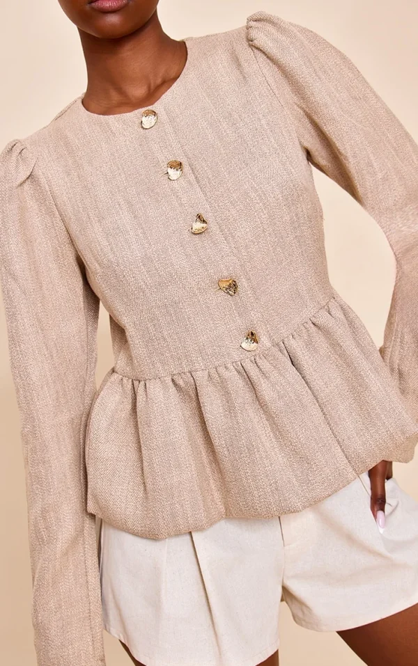 Taupe Button Up Peplum Balloon Sleeve Jacket
