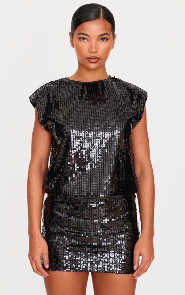 Black Sequin Shoulder Pad Sleeveless Bodycon Dress