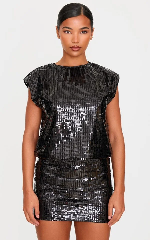 Black Sequin Shoulder Pad Sleeveless Bodycon Dress