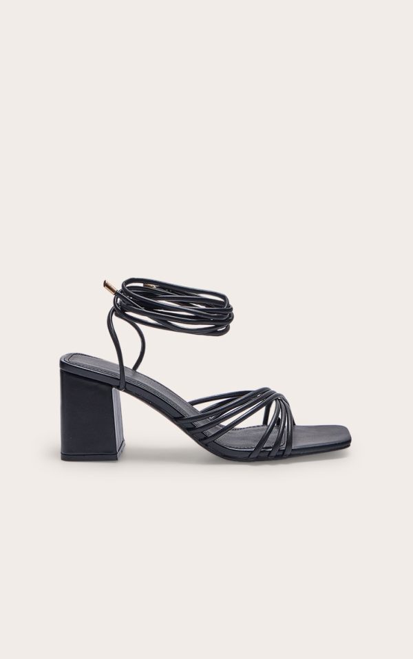 Black Pu Square Multi Criss Cross Strap Block Heeled Tie Up Sandals