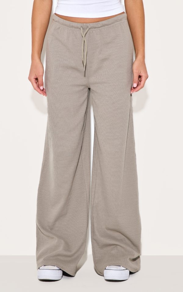Ash Grey Ribbed Drawstring Waist Basic Wide Leg Pants