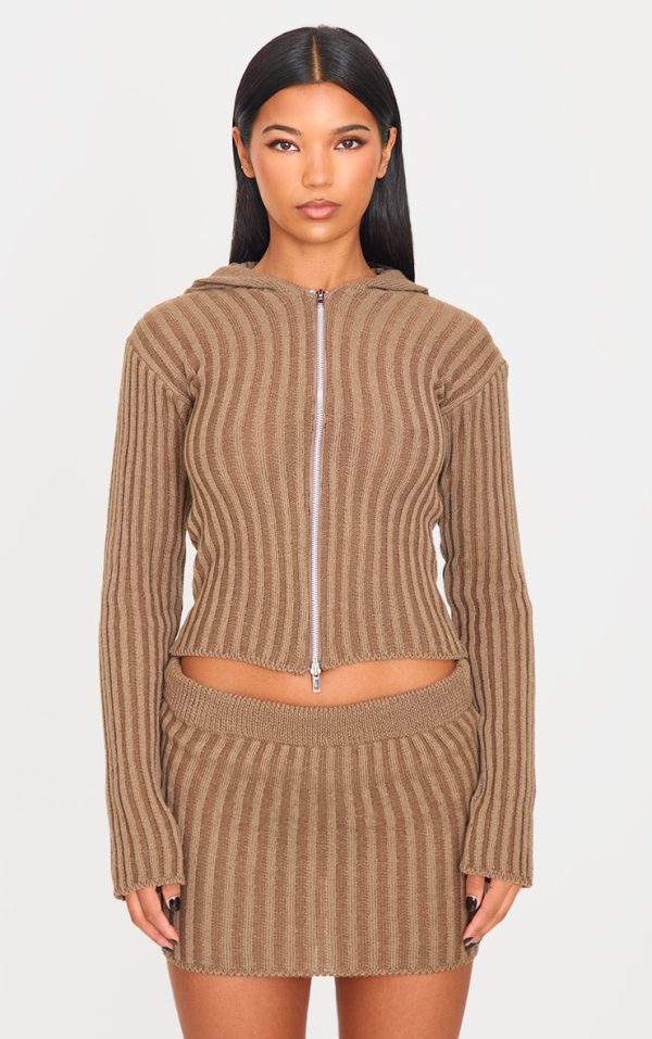 Chocolate Two Tone Knitted Zip Up Cardigan