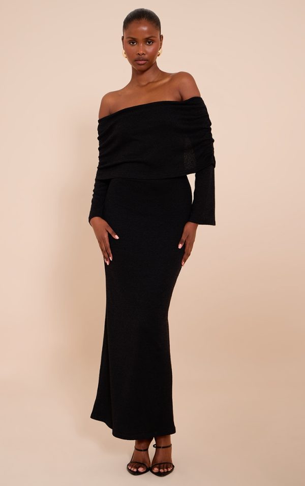 Black Textured Bardot Foldover Maxi Dress
