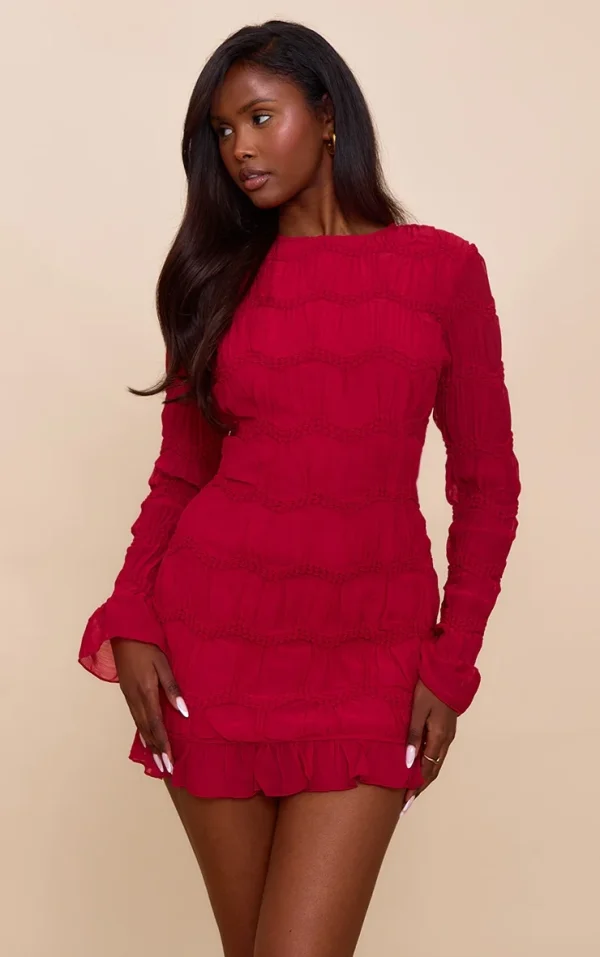 Cerise Textured Long Sleeve Boat Neck Mini Dress