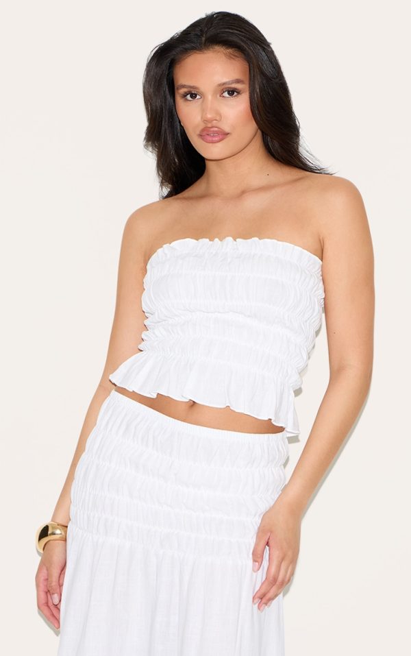 White Shirred Linen Look Bandeau Top