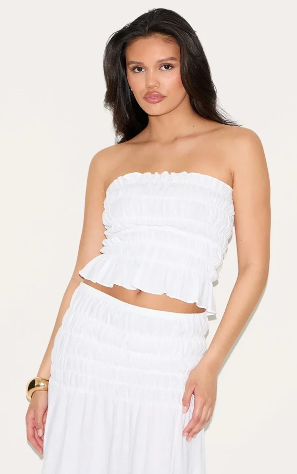 White Shirred Linen Look Bandeau Top