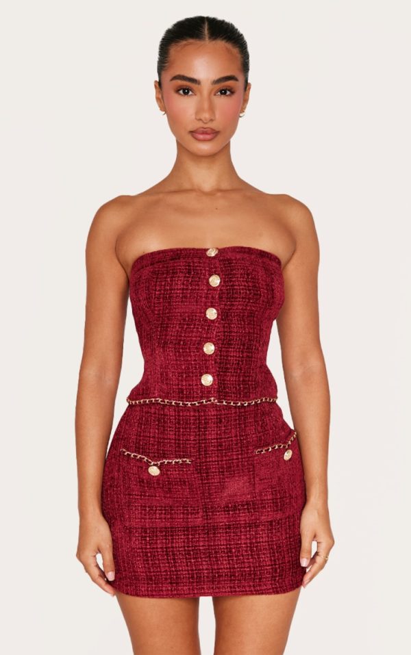 Petite Red Twill Bandeau Button Detail Top