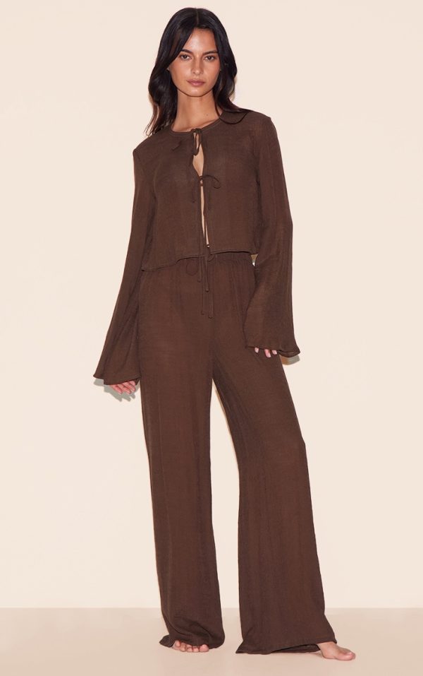 Brown Wide Leg Linen Look Beach Pants
