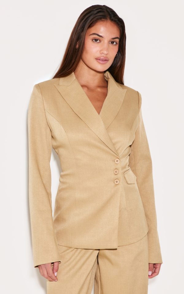 Sand Woven Tailored Cinched Waist Blazer