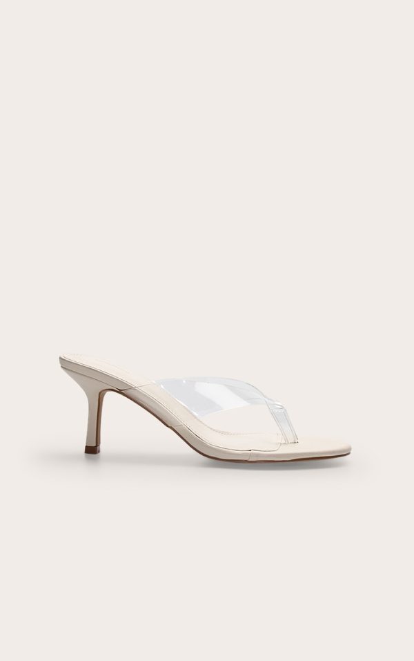 Ecru Pu Round Toe Thong Perspex Straps Mid Heeled Mules