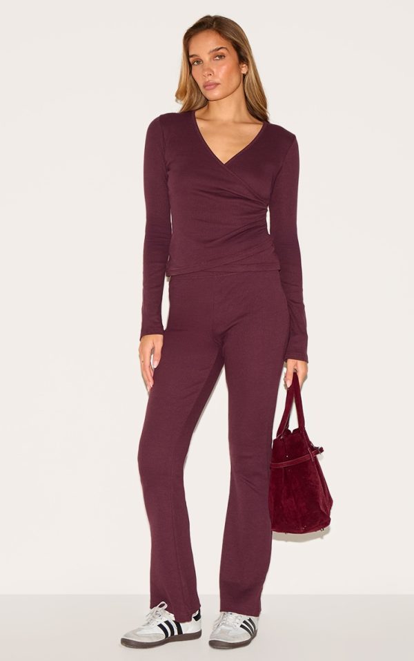 Plum Ribbed Elasticated Skinny Flare Pants