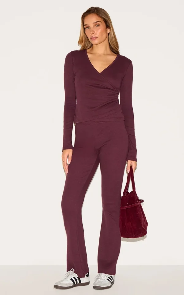 Plum Ribbed Elasticated Skinny Flare Pants