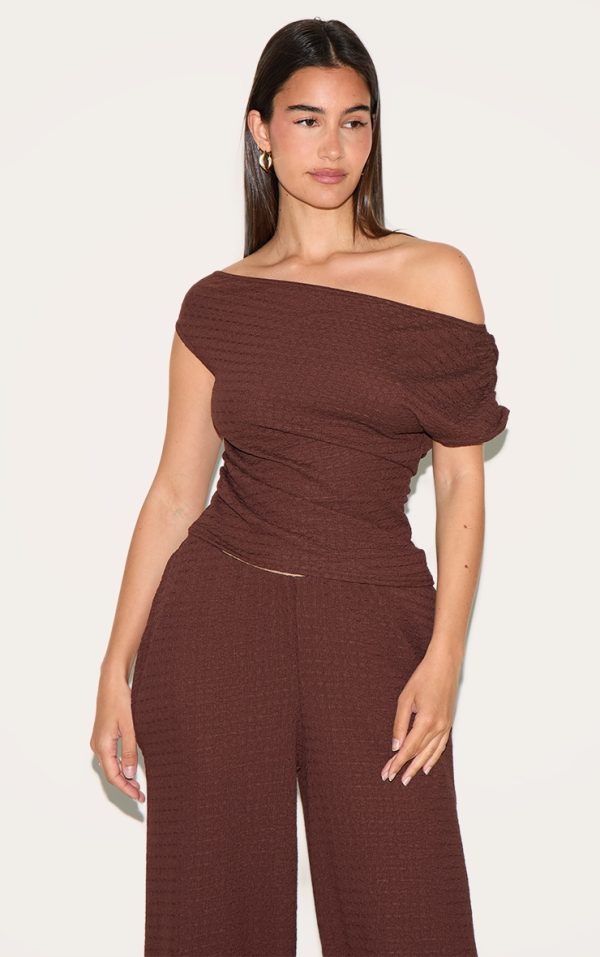 Chocolate Textured Asymmetric Off Shoulder Top