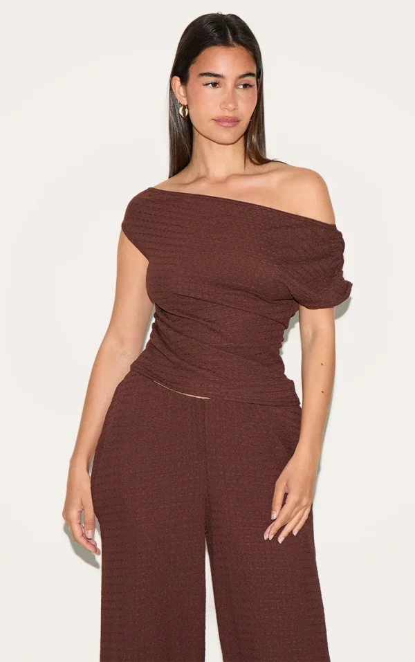 Chocolate Textured Asymmetric Off Shoulder Top