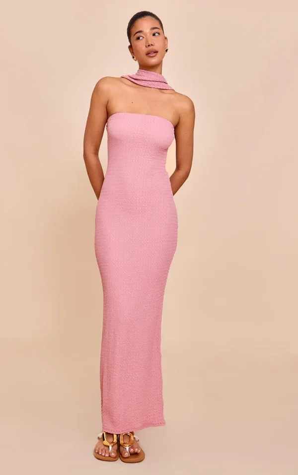 Pink Textured Scarf Detail Bodycon Dress