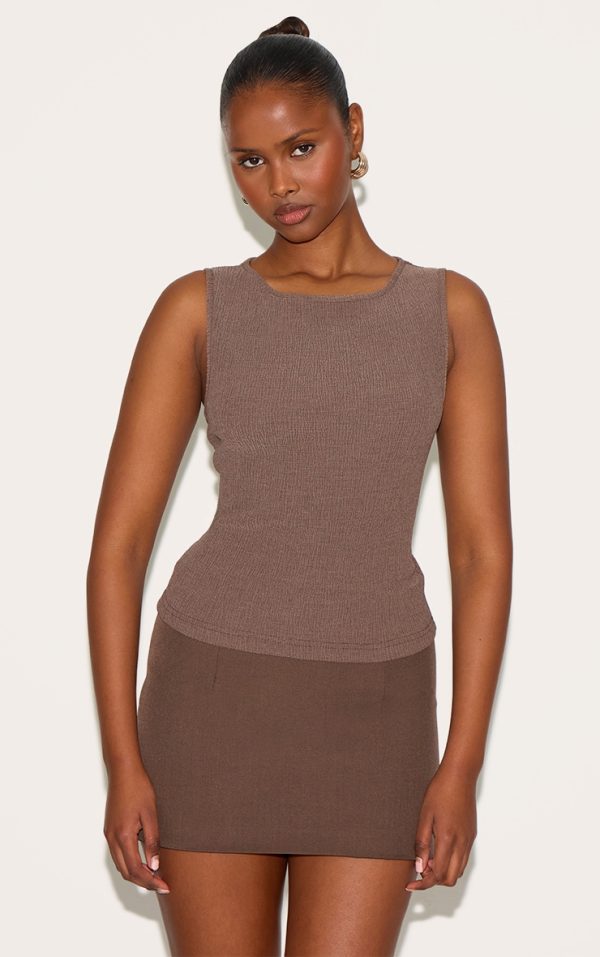 Chocolate Textured Boat Neck Sleeveless Top
