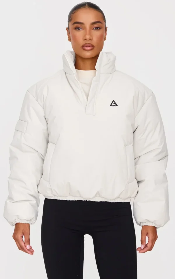 Cream High Neck Cropped Puffer Jacket