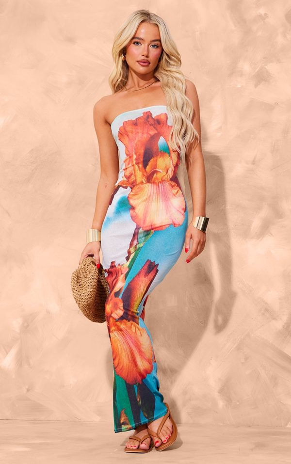 Blue Onion Skin Bandeau Orchid Print Maxi Dress