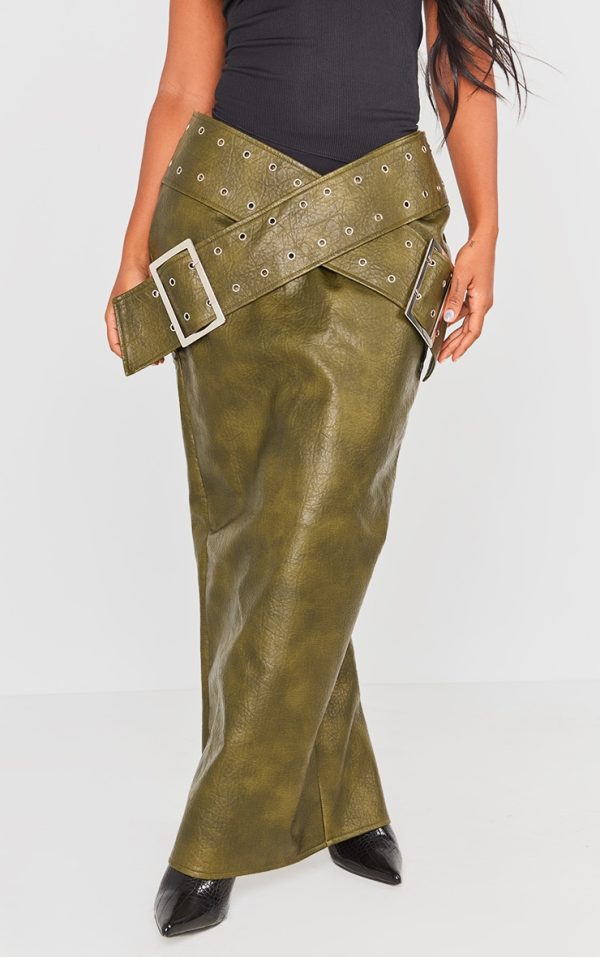 Shape Khaki Washed Effect Faux Leather Belt Detail Maxi Skirt