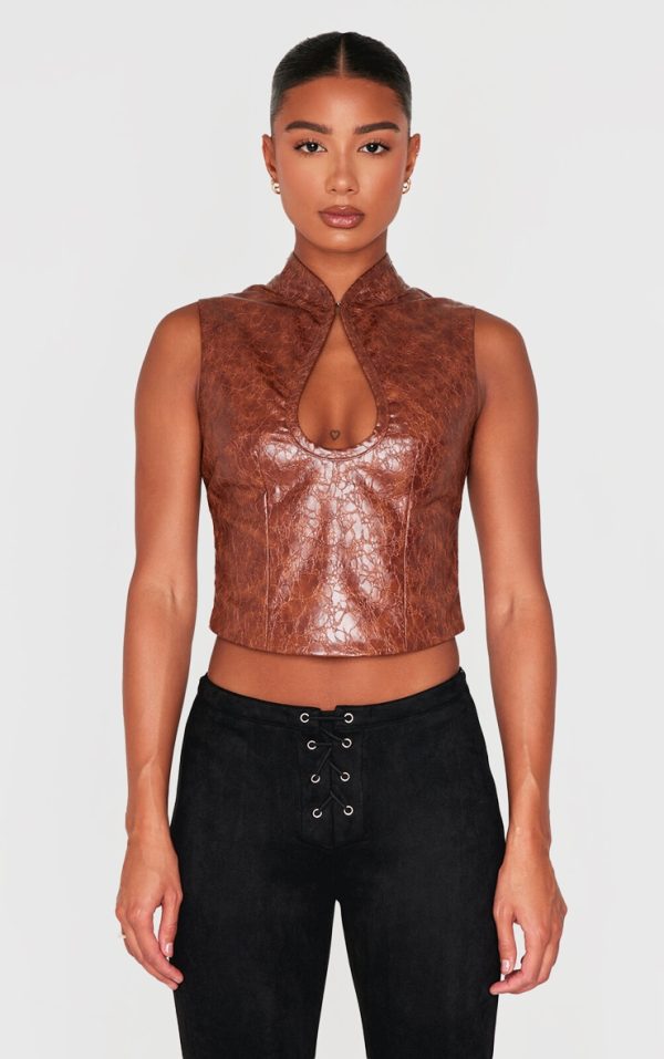 Brown Textured Faux Leather Keyhole Long Top