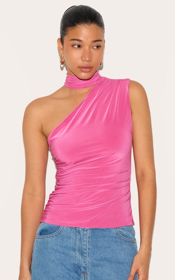 Fuchsia Double Layer Neck Detail Ruched Detail Long Top