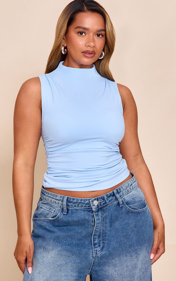 Shape Sky Blue Built In Bra Sculpt Boat Neck Ruched Side Top