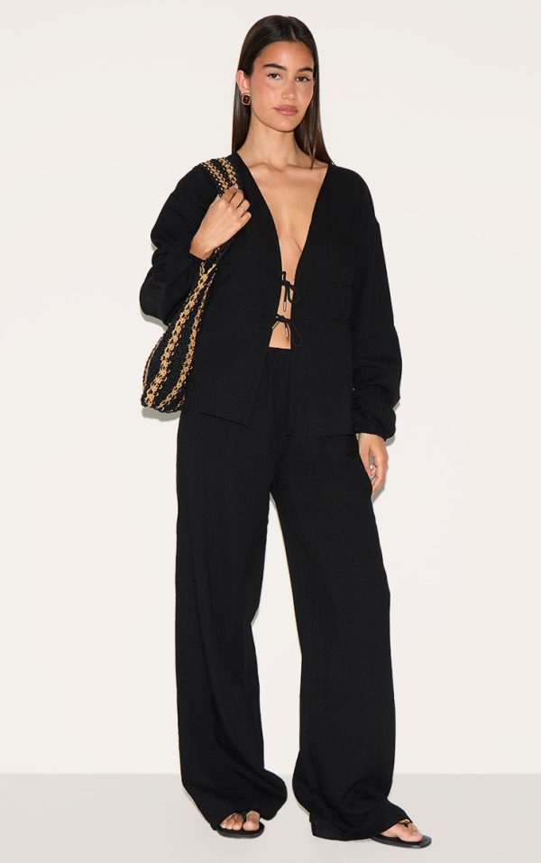 Black Textured Straight Leg Pants