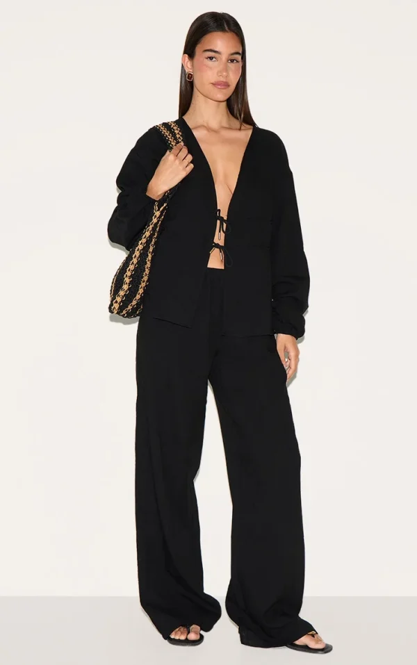 Black Textured Straight Leg Pants