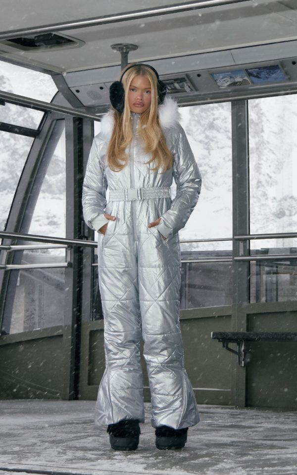 PRETTYLITTLETHING SKI Silver Quilted Snow Suit
