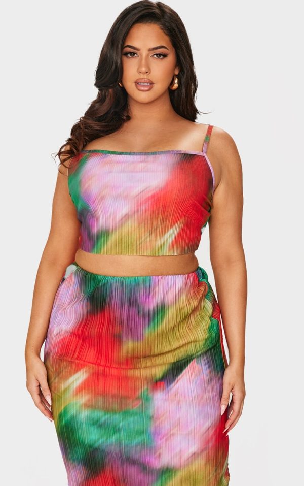 Plus Multi Print Plisse Square Neck Crop Top