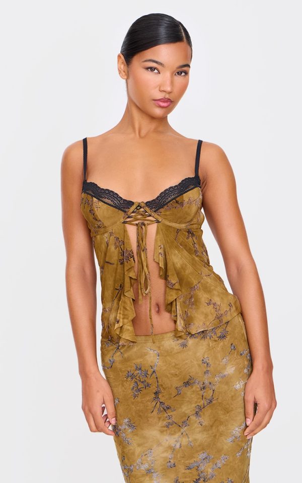 Khaki Devore Lace Trim Strappy Long Top