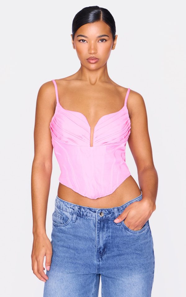 Pink Strappy Pleated Bust Corset Detail Crop Top