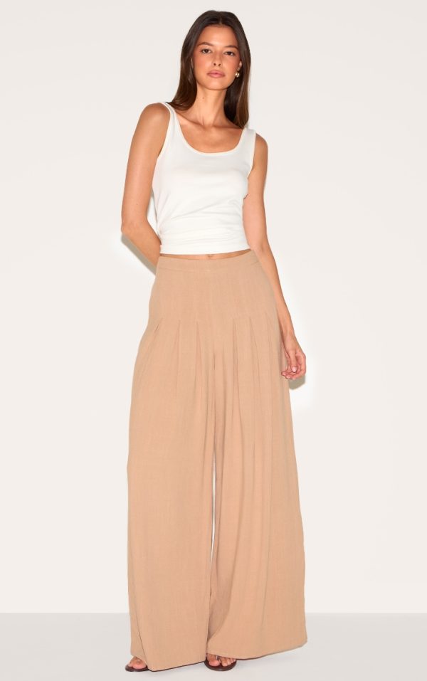 Mocha Linen Blend Floaty Pin Tuck Wide Leg Pants