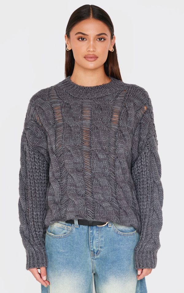 Dark Grey Marl Knit Distressed Detail Chunky Cable Sweater