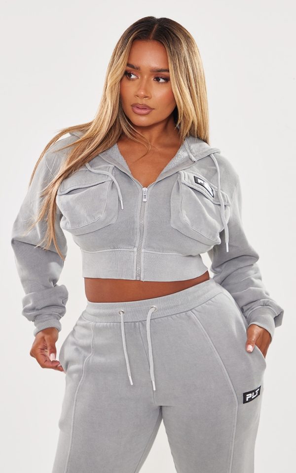PRETTYLITTLETHING Shape Grey Marl Washed Cargo Cropped Hoodie