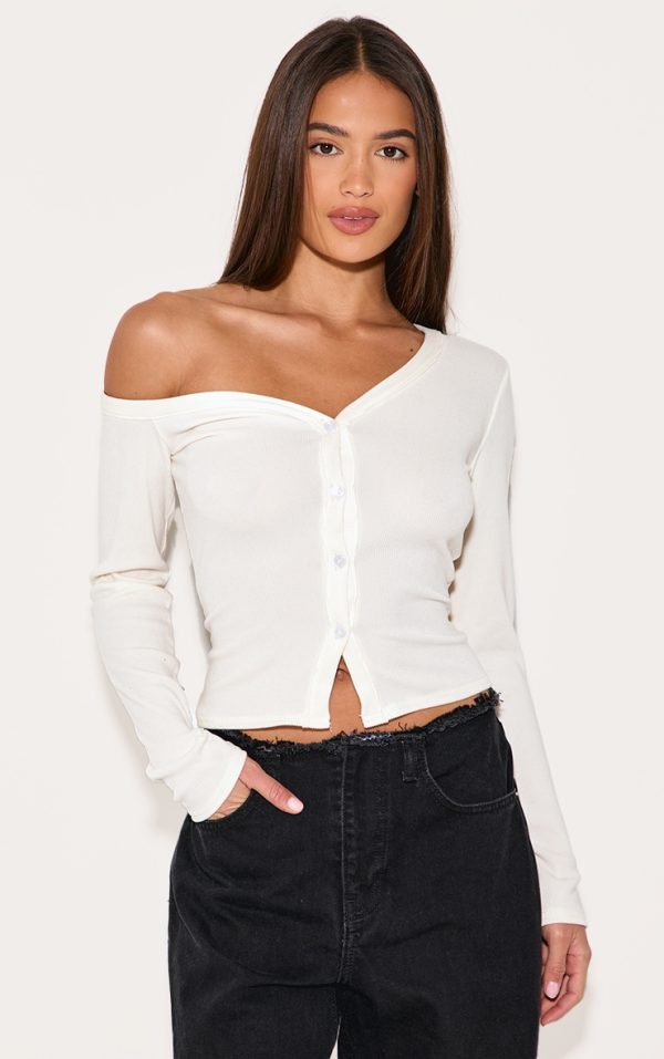 Cream Soft Touch Rib Asymmetric Detail Long Sleeve Top