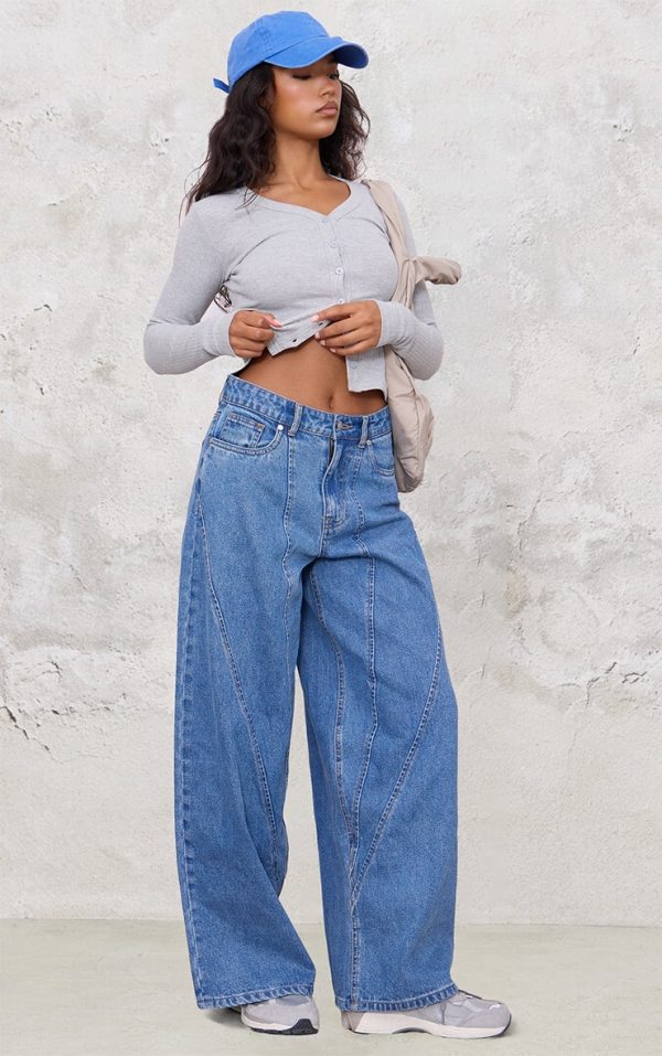 Mid Blue Wash Seam Detail Wide Leg Denim Jeans