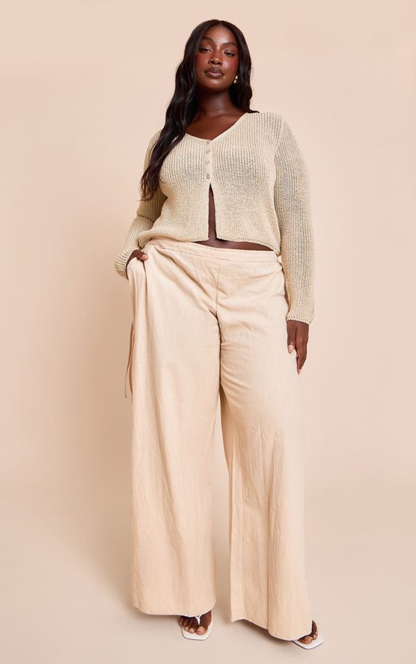 Plus Natural Premium Linen Side Tie Detail Wide Leg Pants