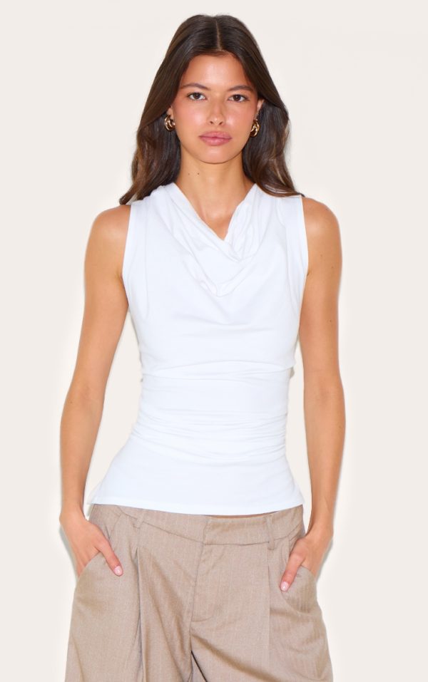 White Cotton Ruched Waist Sleeveless Top