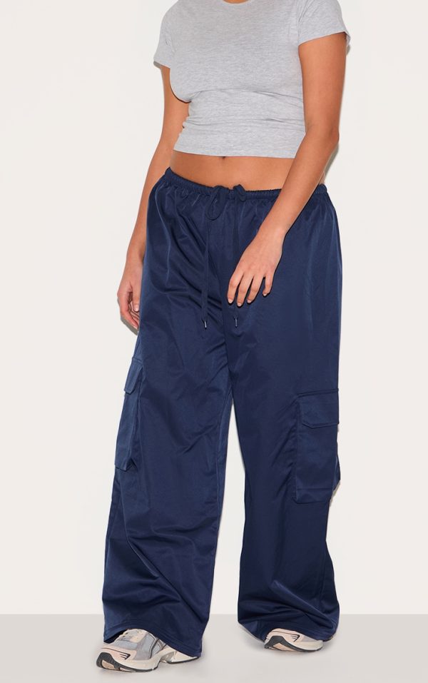 Plus Navy Drawstring Cargo Pocket Detail Straight Leg Pants