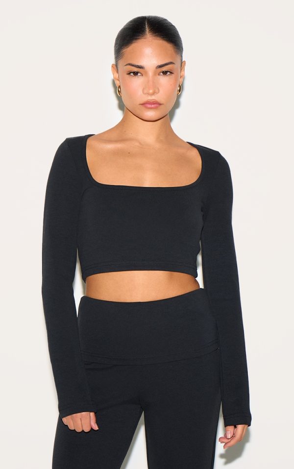 Petite Black Modal Scoop Neck Crop Top Long sleeve