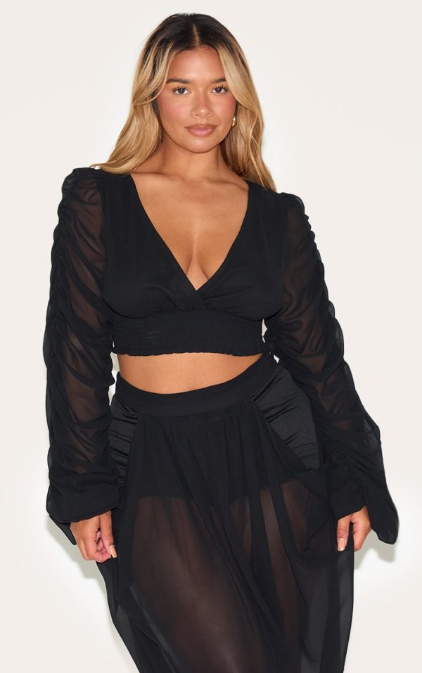 Shape Black Chiffon Balloon Sleeve Plunge Front Cinched Waist Blouse