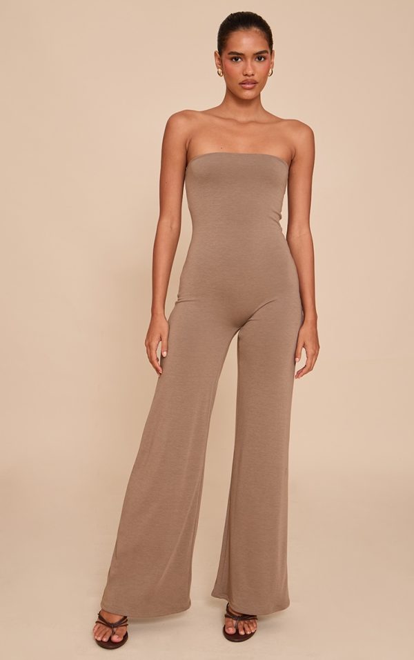 Mushroom Double Layer Contour Jersey Bandeau Wide Leg Jumpsuit