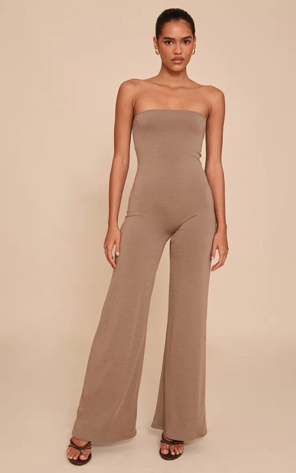 Mushroom Double Layer Contour Jersey Bandeau Wide Leg Jumpsuit
