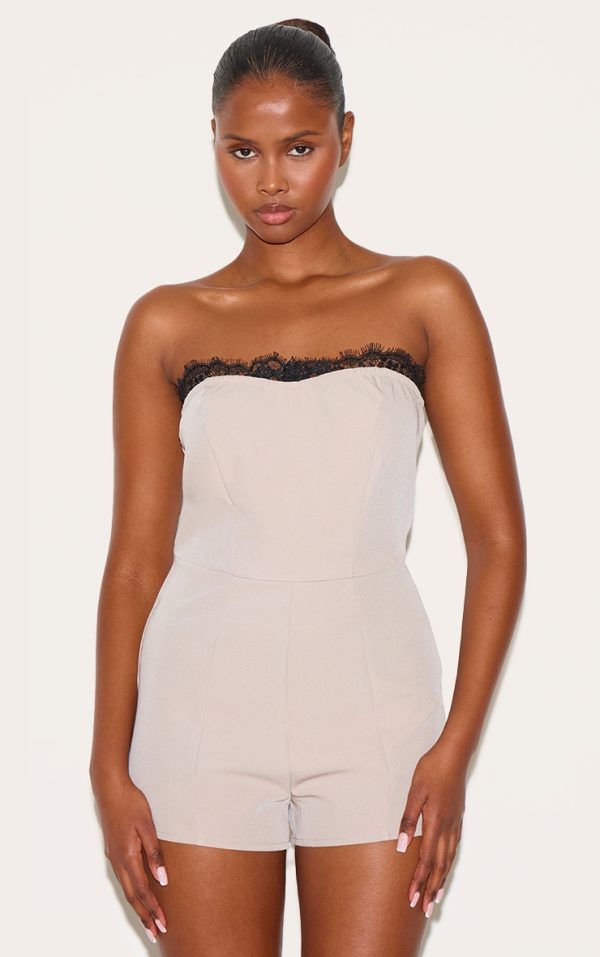 Taupe Lace Detail Woven Bandeau Romper
