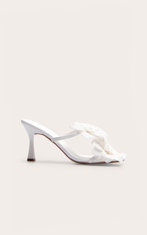 White Pu Square Toe Multi Flower Detail Mid Stiletto Heeled Mules