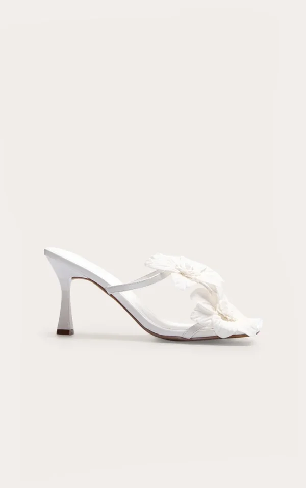 White Pu Square Toe Multi Flower Detail Mid Stiletto Heeled Mules