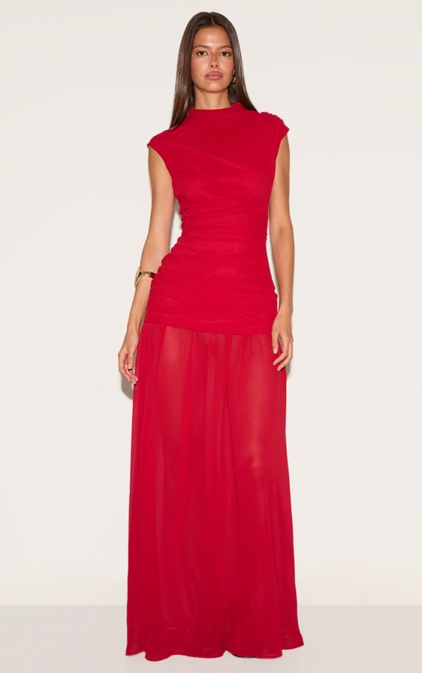 Red Chiffon Ruched Dropped Waist Sleeveless Maxi Dress