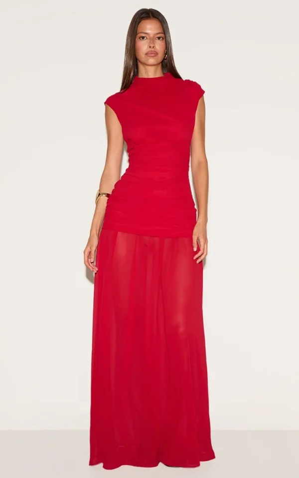 Red Chiffon Ruched Dropped Waist Sleeveless Maxi Dress